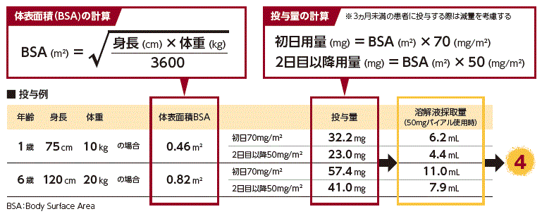 体表面積、投与量、溶解液採取量の計算