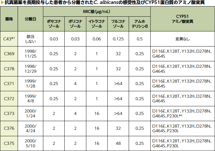 抗真菌薬を長期投与した患者から分離されたC. albicansの感受性及びCYP51蛋白質のアミノ酸変異