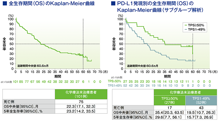 全生存期間（OS）のKaplan-Meier曲線、PD-L1発現別の全生存期間（OS）のKaplan-Meier曲線（サブグループ解析）