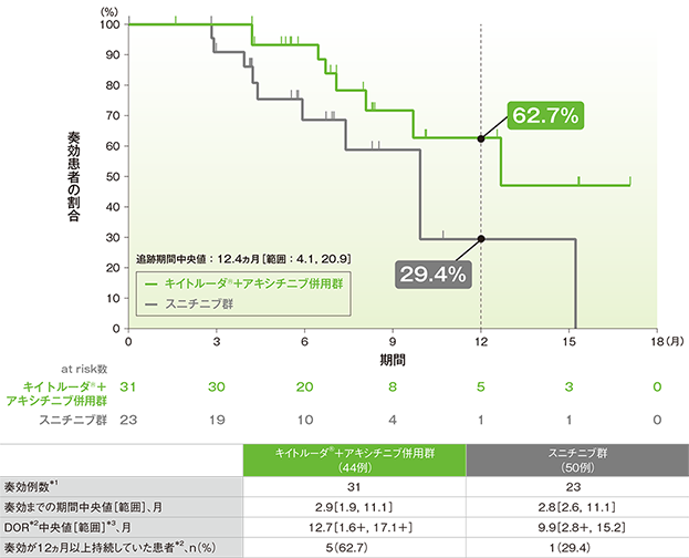 奏効が認められた患者における奏効期間（DOR）のKaplan-Meier曲線（日本人集団）