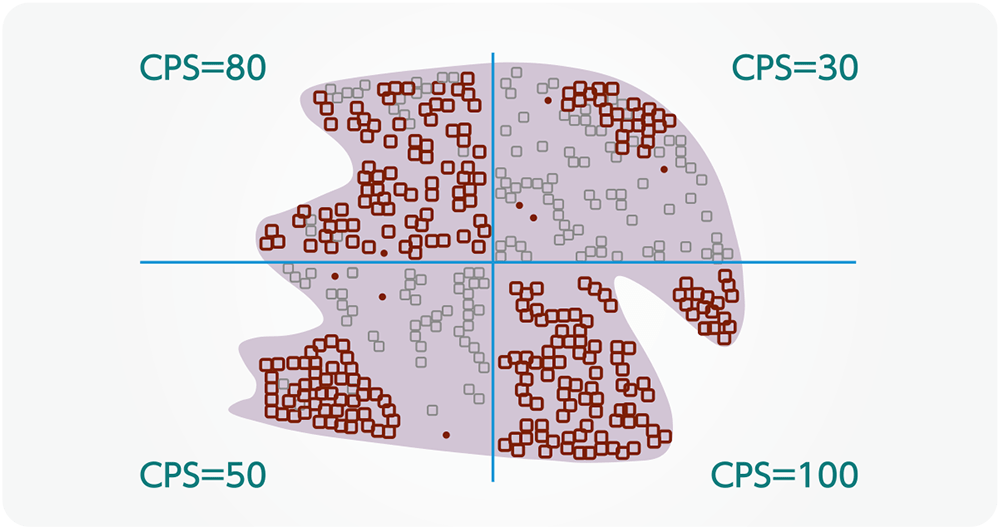 陽性細胞が不均一に分布しているパターン