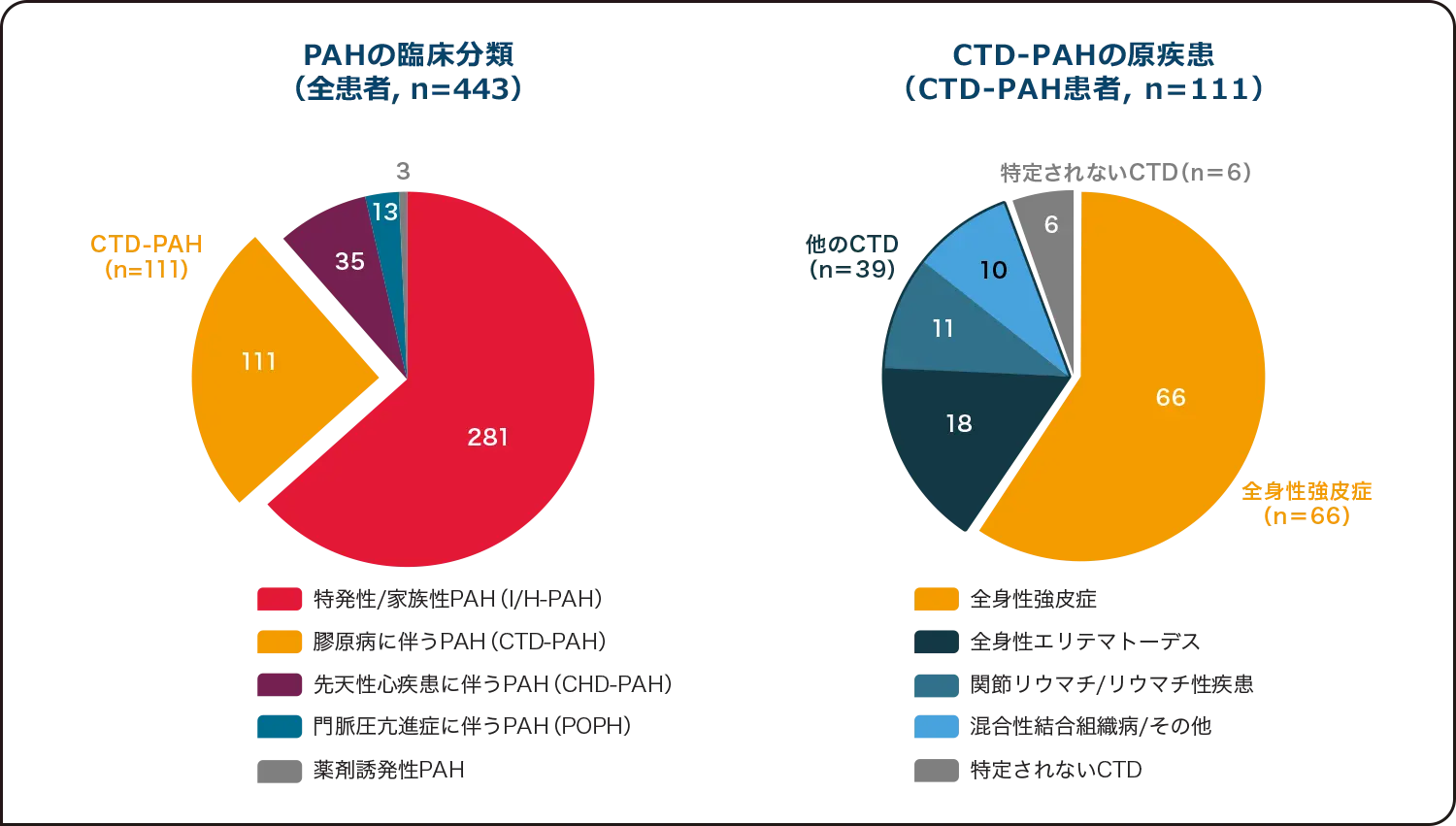 PATENT-1試験におけるCTD-PAHサブグループ解析結果 PAHの臨床分類、CTD-PAH原疾患の内訳