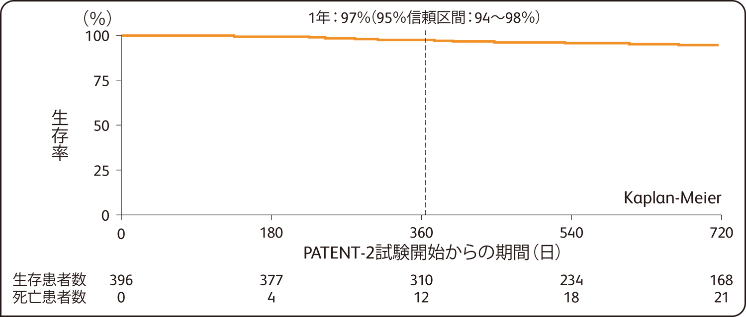 国際共同第Ⅲ相試験：長期継続投与試（PATENT-2試験） 生存率