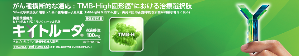 キイトルーダ ビジュアルバナー がん化学療法後に増悪した高い腫瘍遺伝子変異量(TMB-High)を有する進行・再発の固形癌(標準的な治療が困難な場合に限る)
