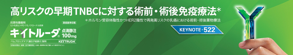 キイトルーダ ビジュアルバナー ホルモン受容体陰性かつHER2陰性で再発高リスクの乳癌における術前・術後薬物療法