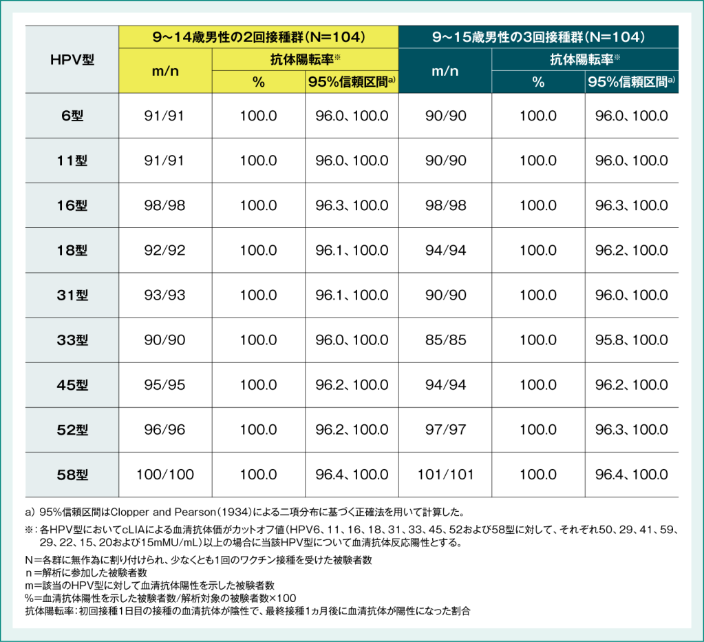 表3:国内第Ⅲ相試験(066試験)における各HPV型(6/11/16/18/31/33/45/52/58)型に対する抗体陽転率