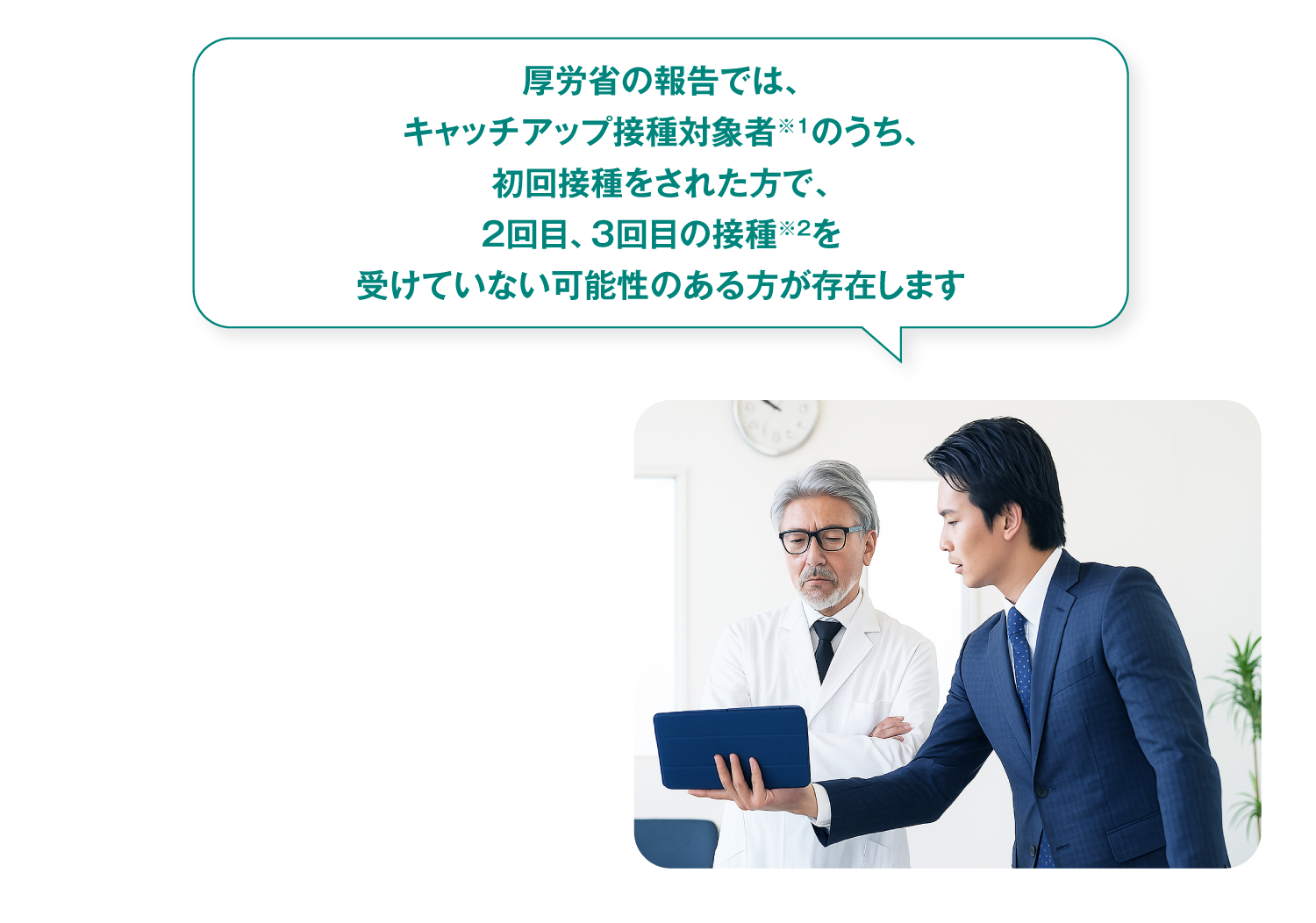 キャッチアップ接種の実施状況に関するメッセージと、医師に説明するMRの写真