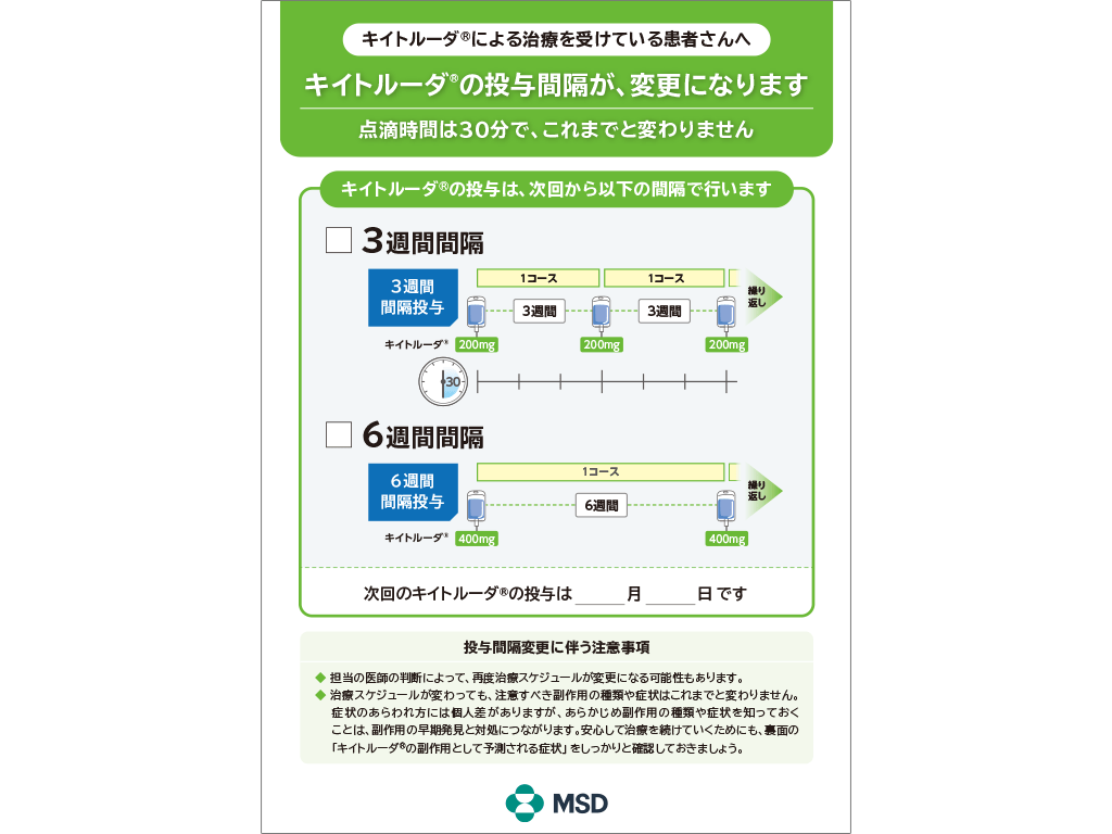 キイトルーダ®患者指導箋：＜がん種共通＞キイトルーダ®の投与間隔が変更になります